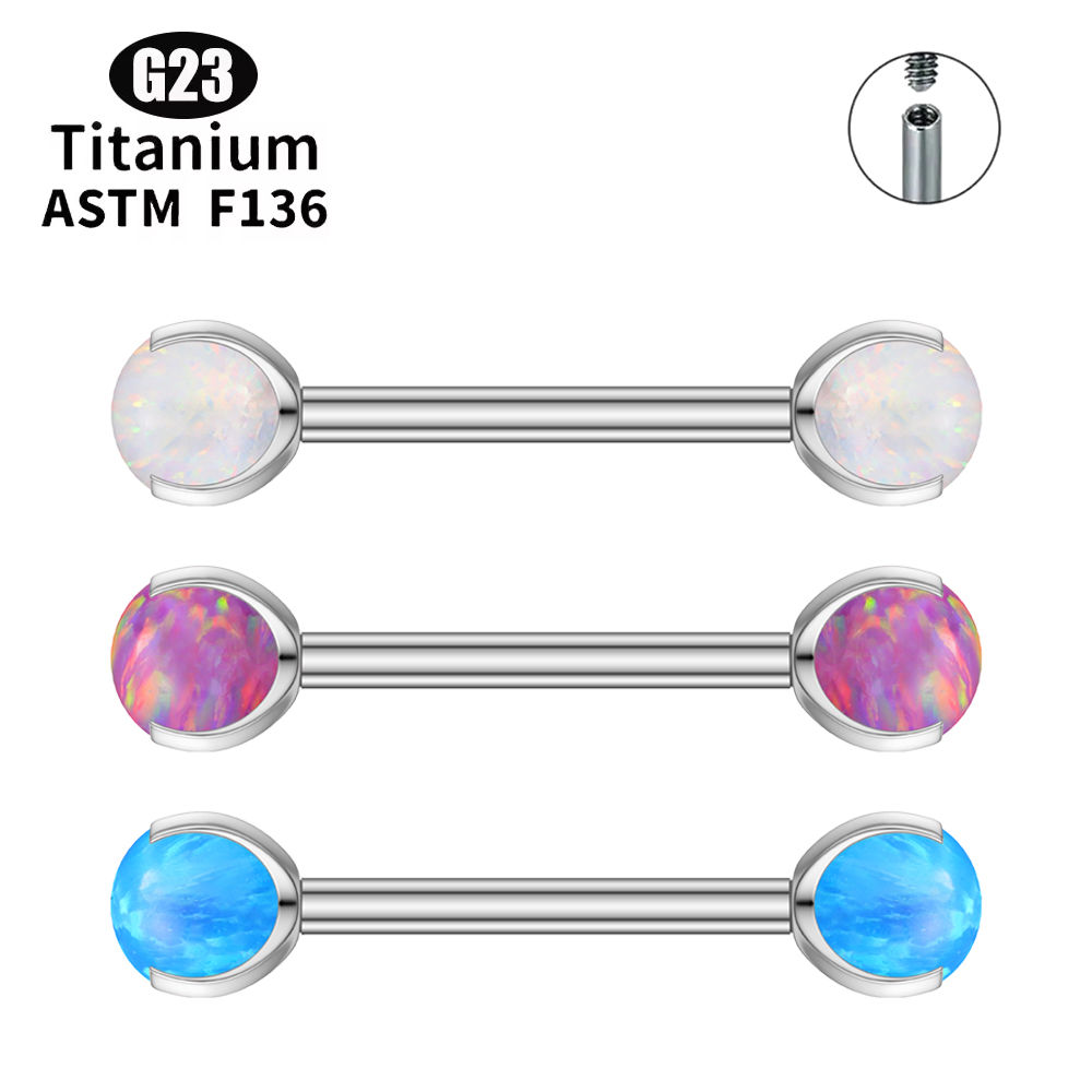 Body Jewelry Nipple Rings - G23 Titanium 14G/16G Opal Tongue Barbell